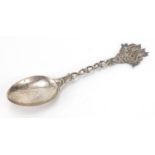 Silver table spoon with rigged sailing ship terminal, London import marks for Martin Sugar 1892,