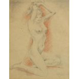 Full length portrait of a kneeling nude female, sanguine chalk and pencil, mounted, framed and