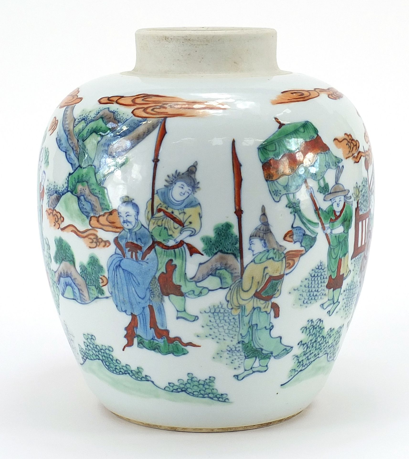 Chinese porcelain jar hand painted in the wucai palette with figures and attendants in a