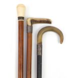 Three walking sticks including an ebonised example with horn handle and silver collar and one with