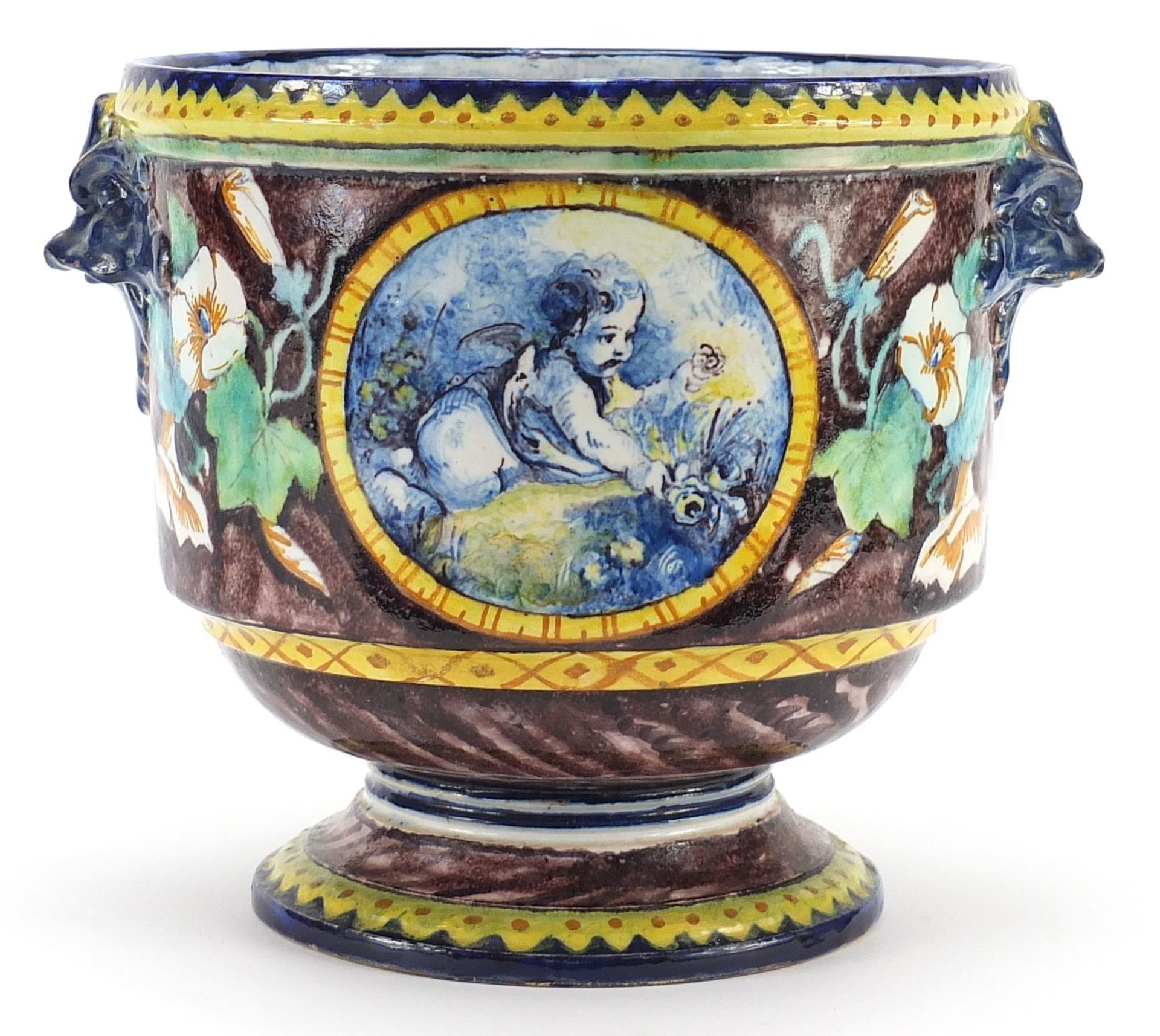 Italian Maiolica planter with mask handles hand painted with Putti and flowers, 21cm high