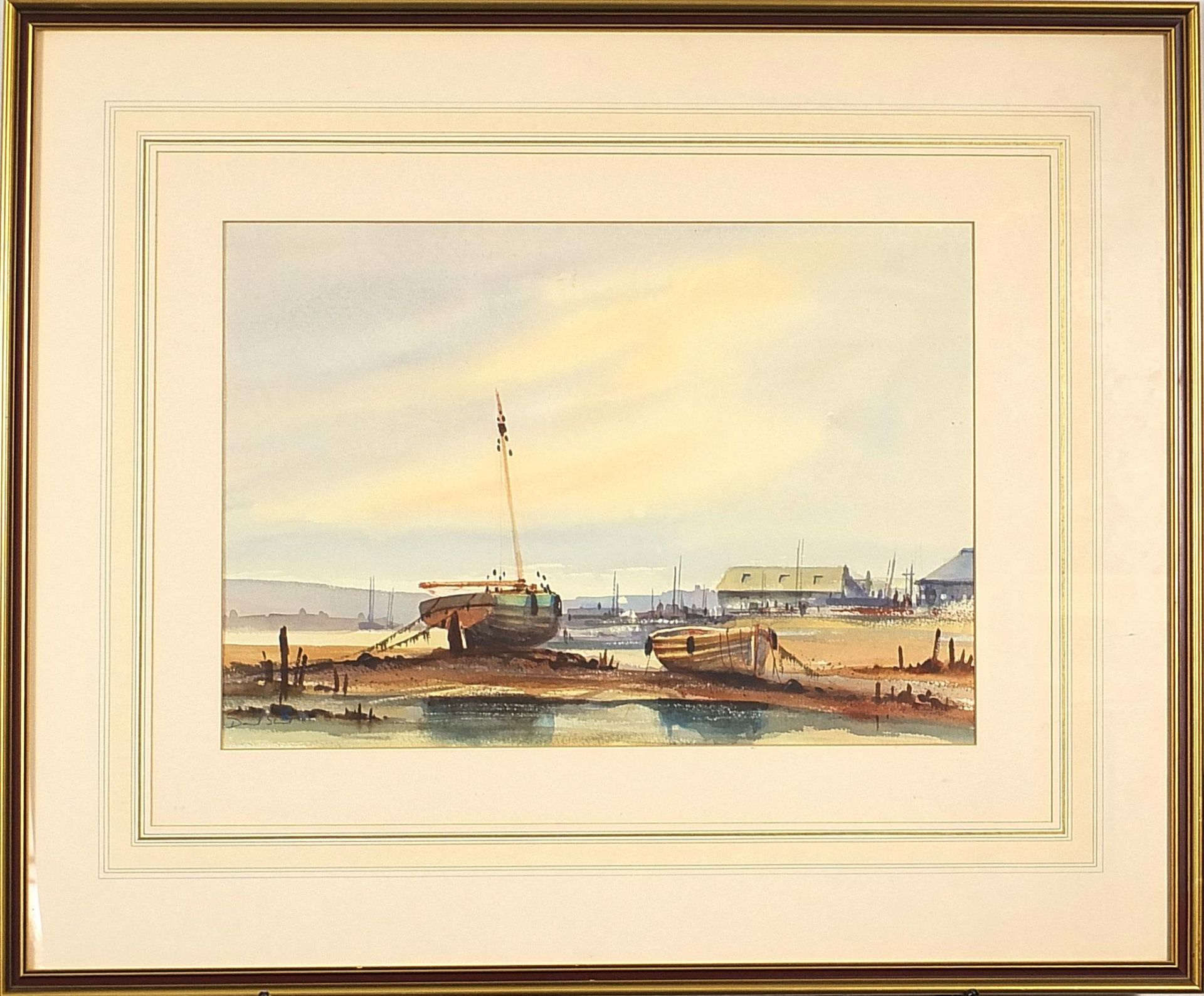 David Short - Harbour scene with moored boats, watercolour, mounted, framed and glazed, 50cm x - Image 2 of 5