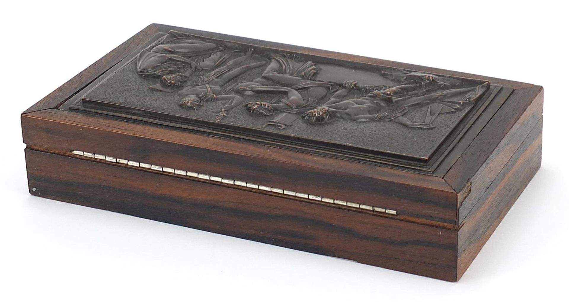 Exotic wood casket with inset bronzed plaque depicting classical figures, 4cm H x 18.5cm W x 10. - Image 3 of 4