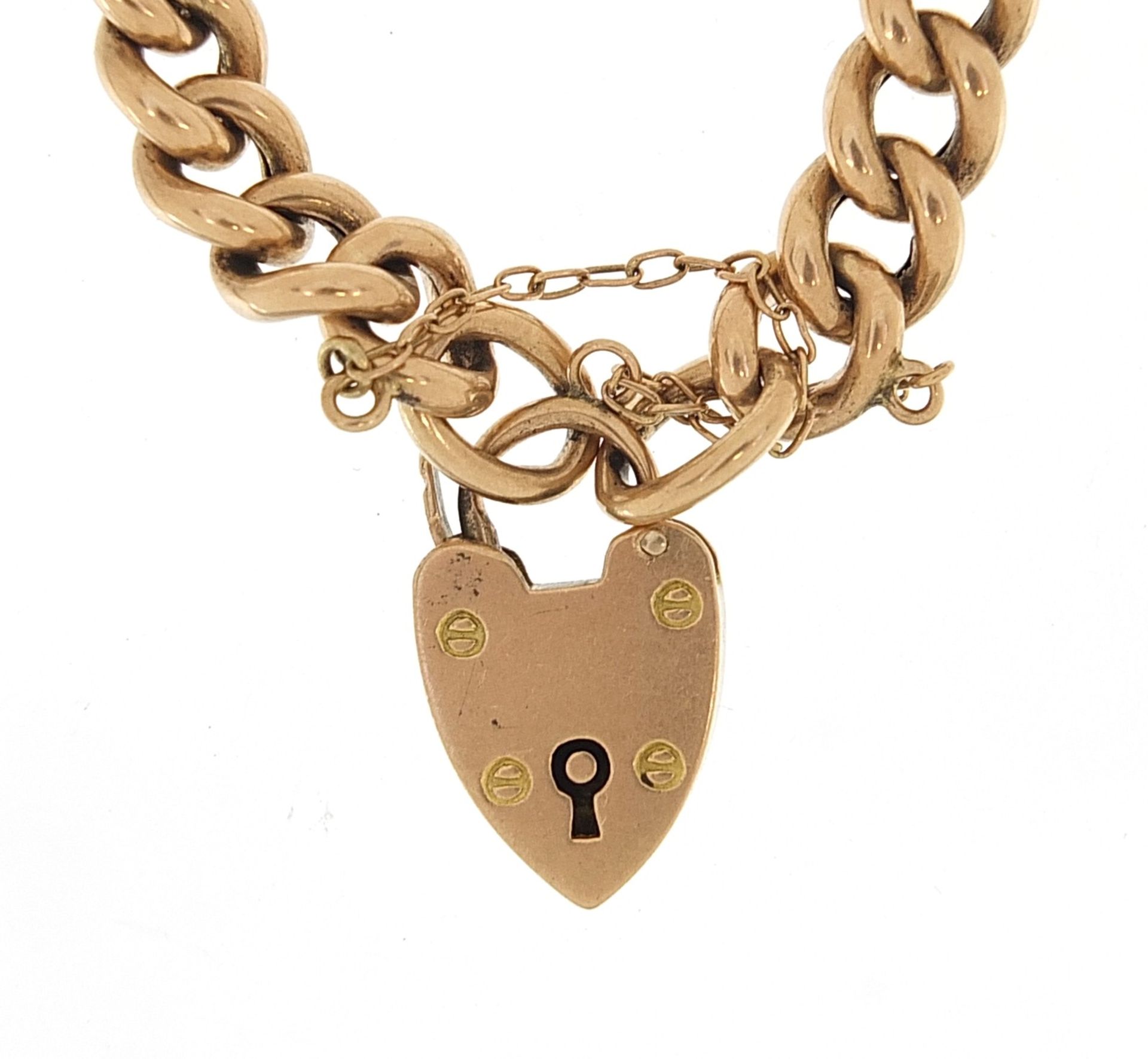 Victorian 15ct rose gold bracelet with love heart padlock, 19cm in length, 19.0g