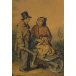Peasant couple with a wheelbarrow, 19th century heightened watercolour, mounted, framed and