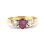 18ct gold diamond and ruby three stone ring, size M, 3.3g