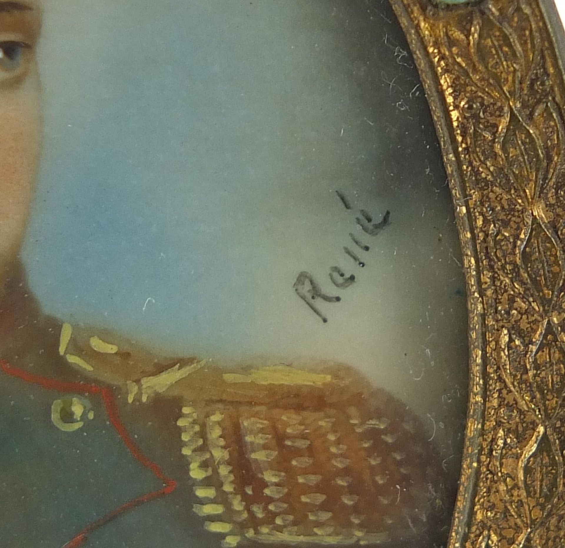 Pair of oval hand painted miniatures housed in jewelled brass frames, signed Roy and Reme, each - Image 8 of 9