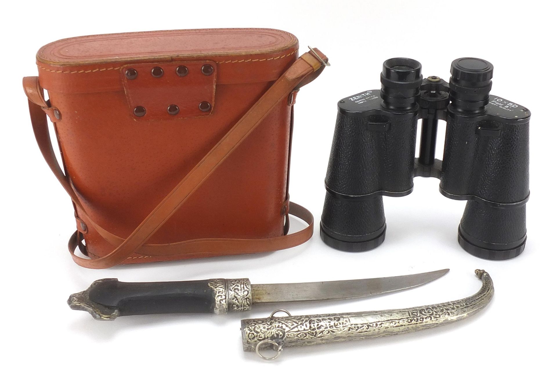 Pair of Zenith 10 x 50 field binoculars with case and an Islamic knife, the largest 37.5cm in length - Image 2 of 3
