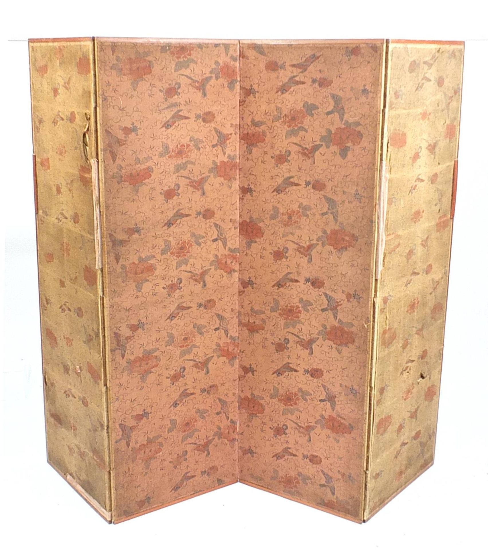 Chinese four section folding dressing screen painted with birds of paradise amongst flowers, 169cm - Image 2 of 2