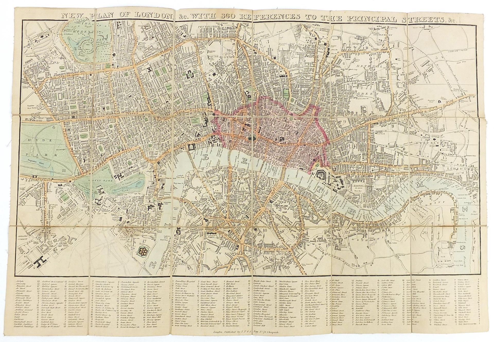 19th century canvas backed folding map of London & Westminster, published London TT & J Tegg, the
