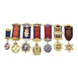 Seven Royal Order of Buffalo silver and enamel jewels including Services Rendered and Knight