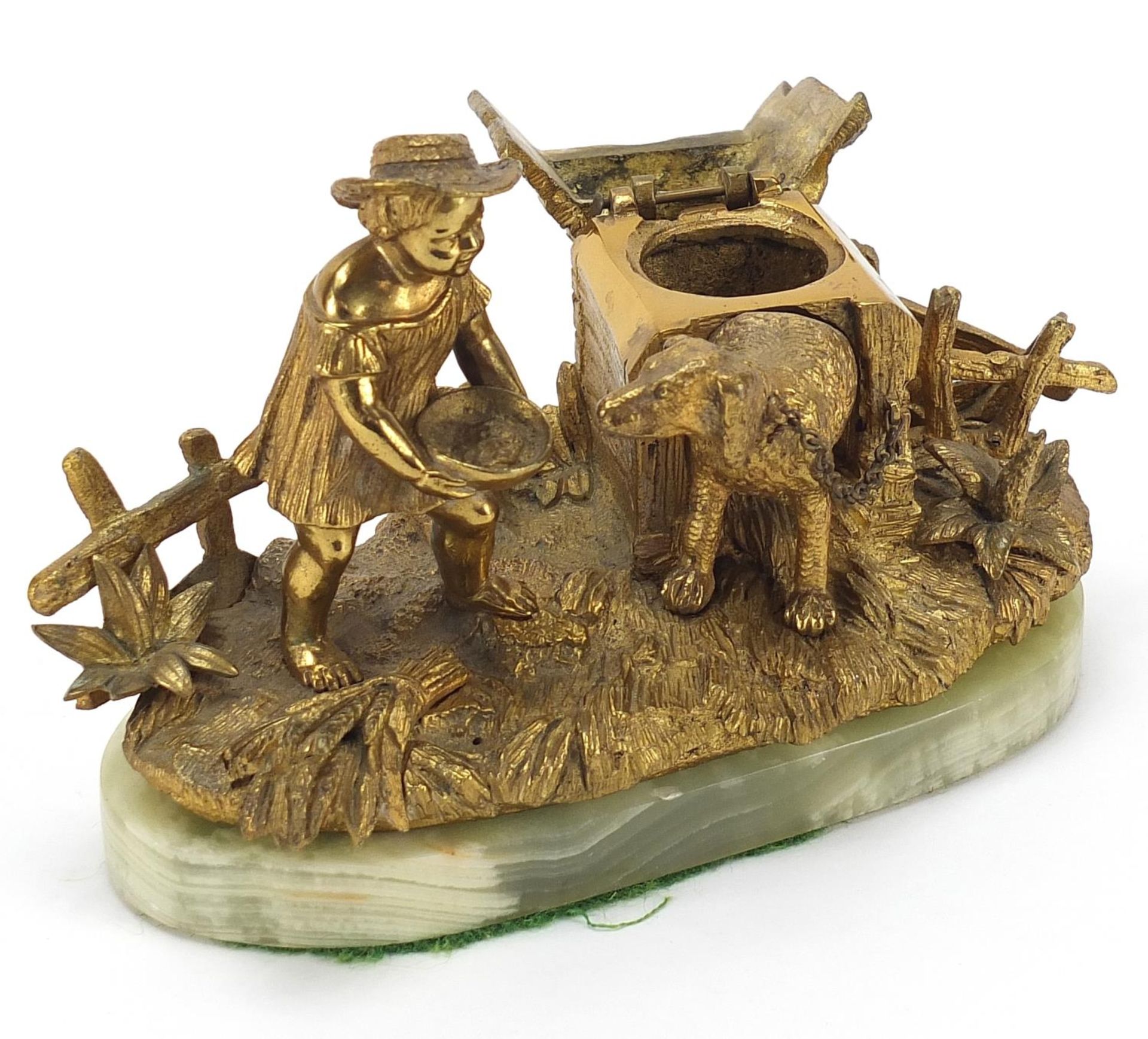 19th century gilt bronze inkwell in the form of a female feeding a dog in a kennel with hinged roof, - Image 2 of 4