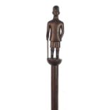 East African hardwood staff carved with an officer, 113cm high