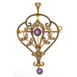 Art Nouveau 9ct gold amethyst and seed pearl pendant brooch, 4.5cm high, 3.4g