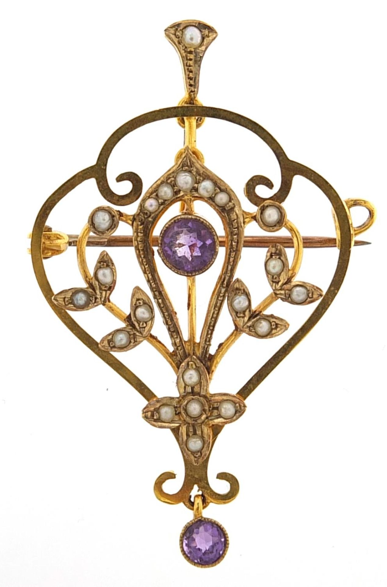 Art Nouveau 9ct gold amethyst and seed pearl pendant brooch, 4.5cm high, 3.4g
