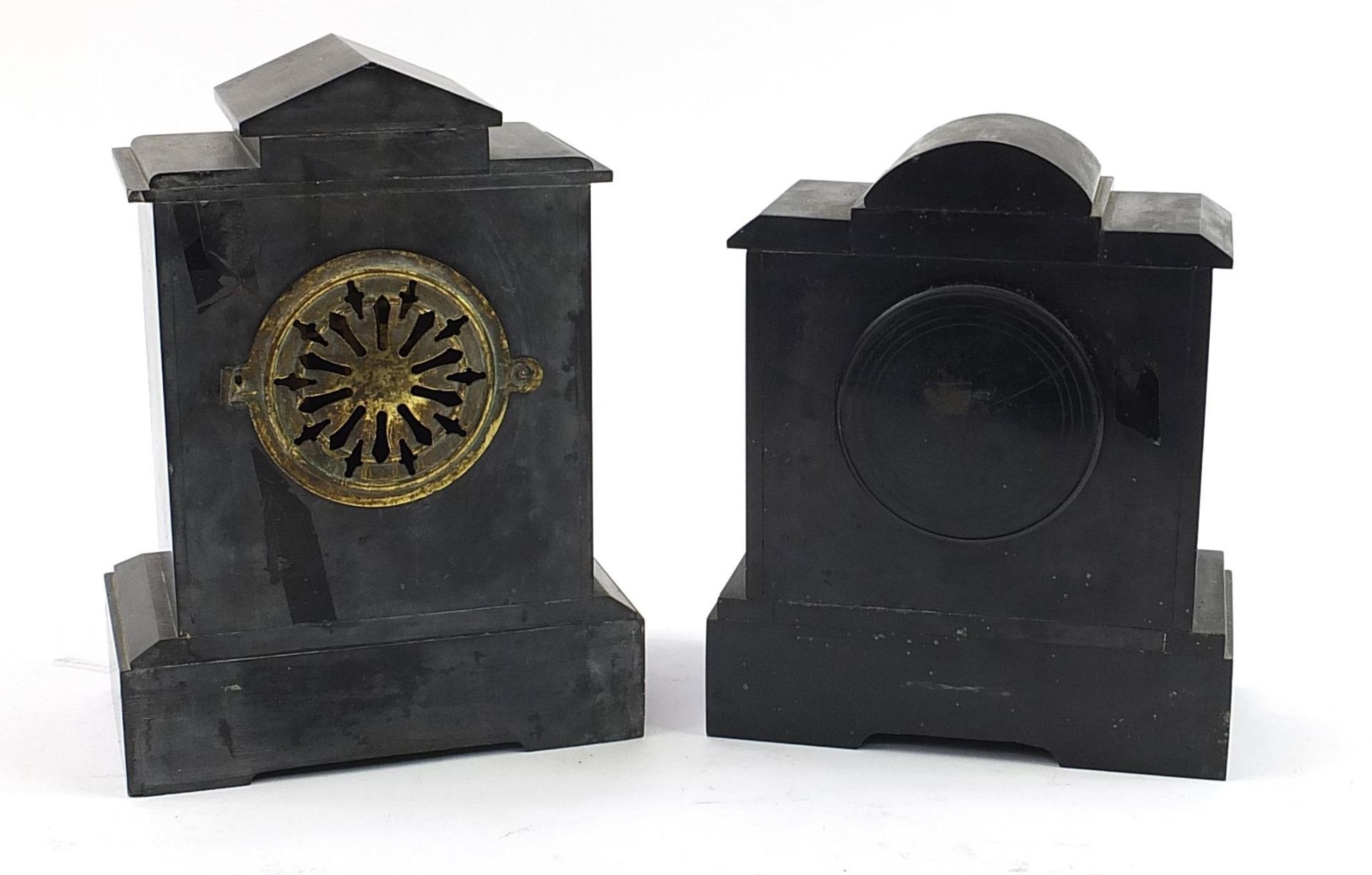 Two Victorian black slate and marble mantle clocks, the largest 32cm high - Image 2 of 4