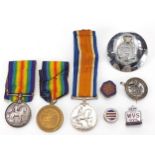 British military World War I medals and militaria including a pair awarded to 1383PTE.W.F.WALL.