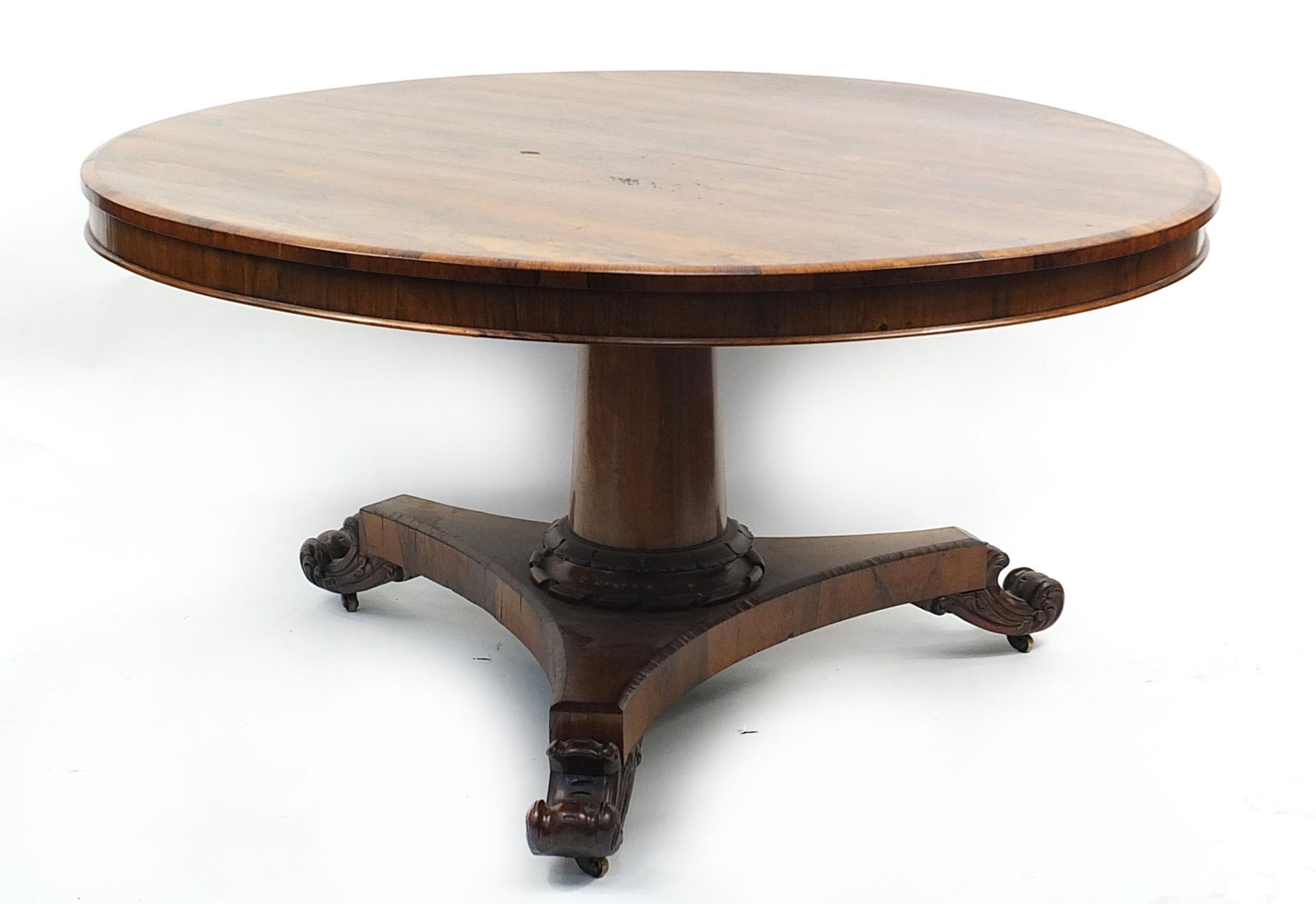 Victorian rosewood tilt top breakfast table, 70cm high x 136cm in diameter