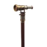 Hardwood walking stick with brass two draw telescope handle, 98cm in length