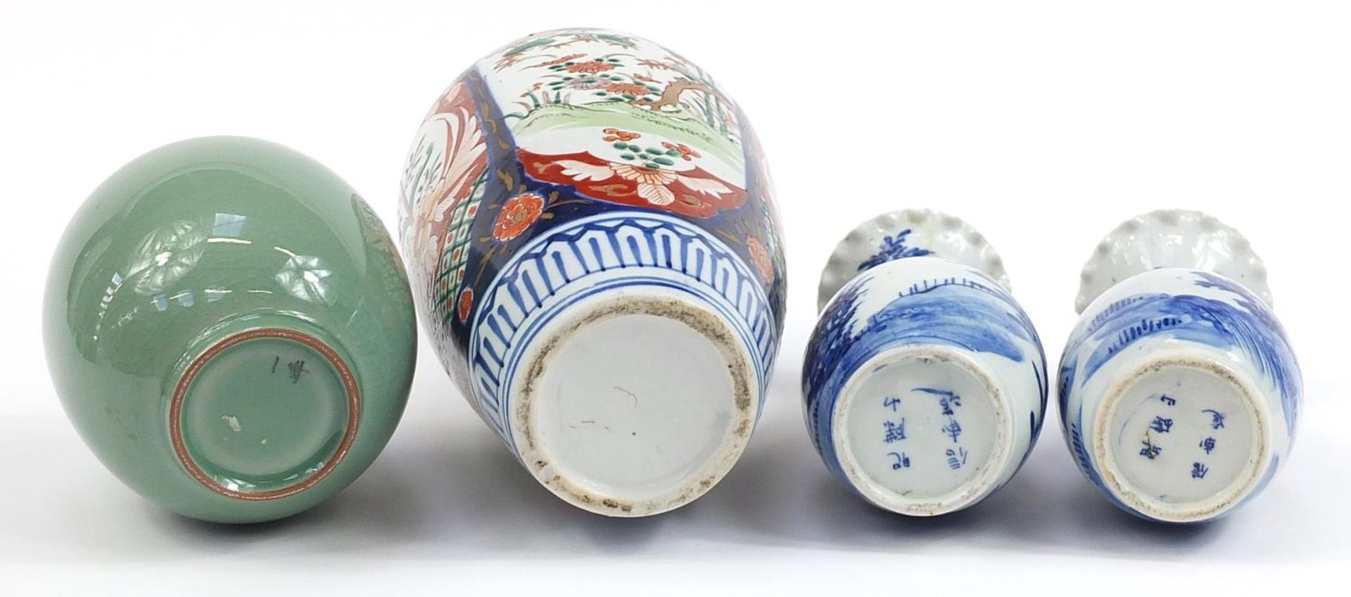 Oriental ceramics including a Japanese Imari vase and pair of Japanese Arita vases with frilled - Image 5 of 7