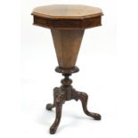 Victorian walnut quarter veneered trumpet sewing table, 75cm high