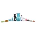 Victorian and later glassware including hand painted opaline glass vases and a purple flower vase w