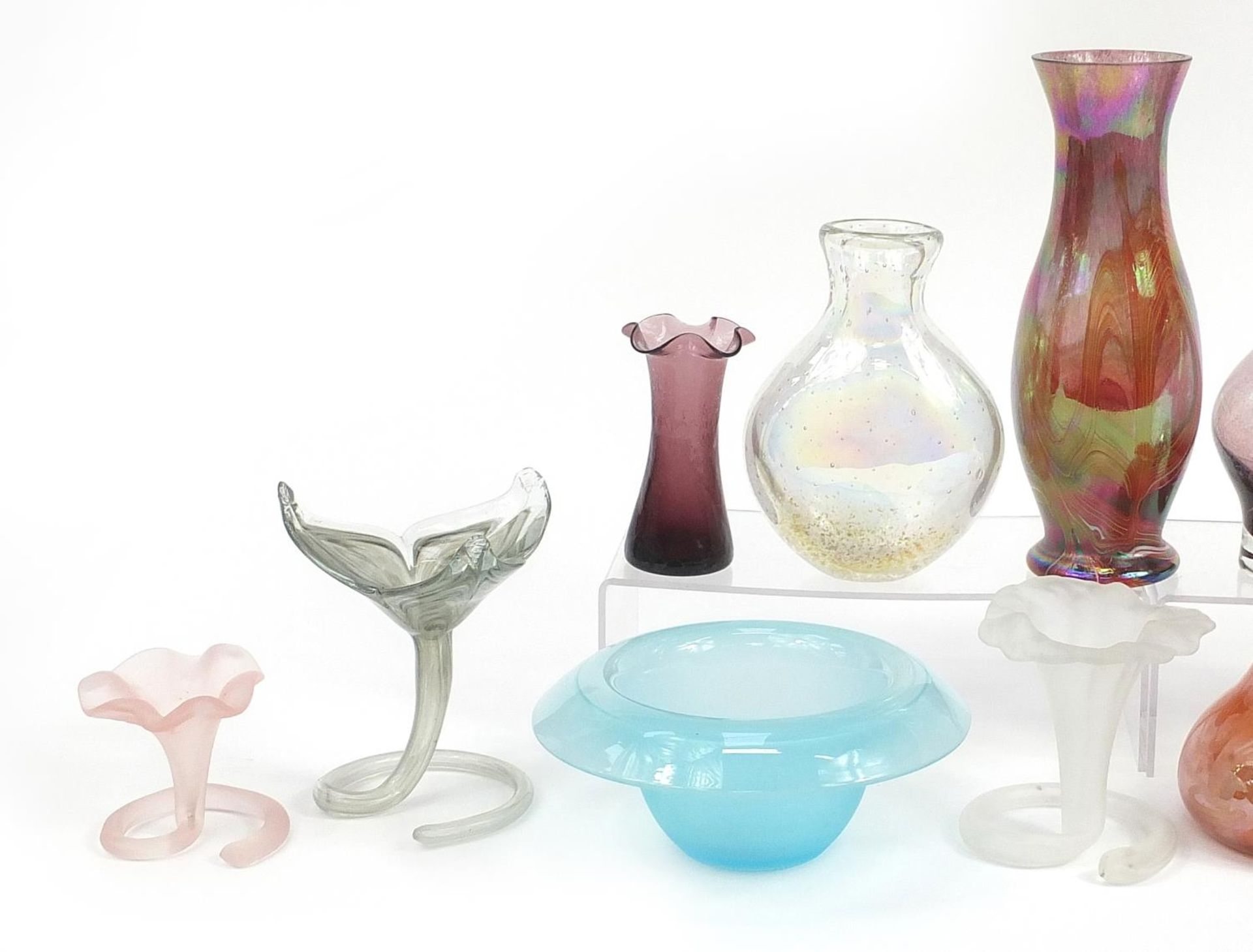 Art glassware including iridescent baluster vase with combed decoration, purple glass decanter and - Image 2 of 3