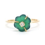 Continental gold green stone and diamond flower head ring, size J, 1.4g