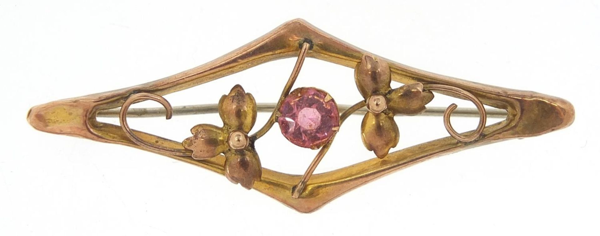 Art Nouveau 9ct gold bar brooch set with a pink stone, 4.8cm wide, 1.6g