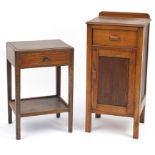 1920's oak pot cupboard and occasional table with frieze drawer, the largest 82cm H x 39cm W x