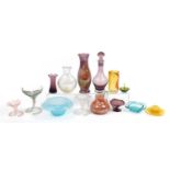 Art glassware including iridescent baluster vase with combed decoration, purple glass decanter and