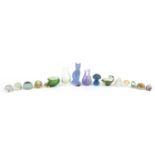 Art glassware including Mdina mushroom paperweight, Bohemian purple glass cat paperweight, Caithness