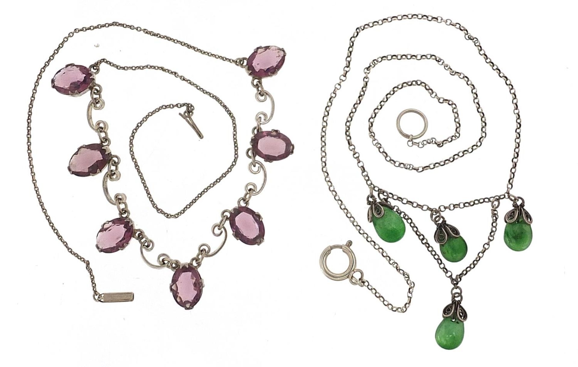 Two Sterling silver necklaces set with purple and green stones, 42cm and 40cm in length, 17.4g - Image 2 of 4