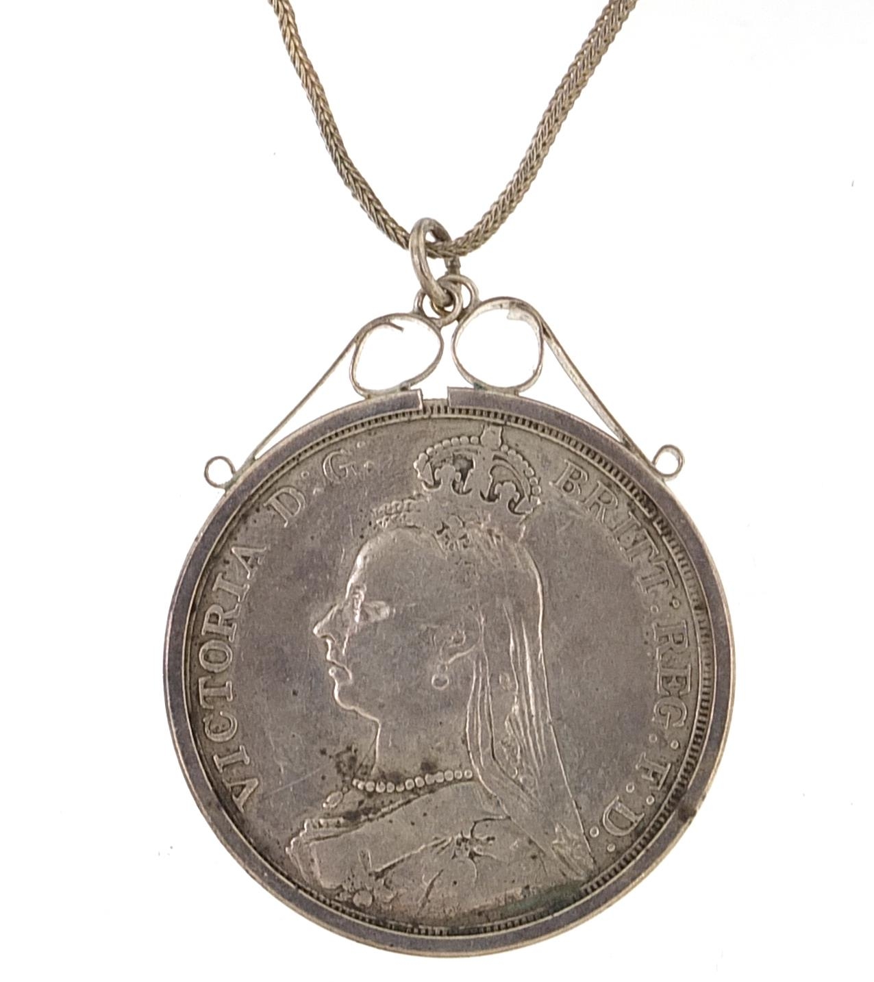 Queen Victoria 1889 silver crown with silver pendant mount on necklace, the necklace 42cm in length,