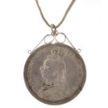 Queen Victoria 1889 silver crown with silver pendant mount on necklace, the necklace 42cm in length,