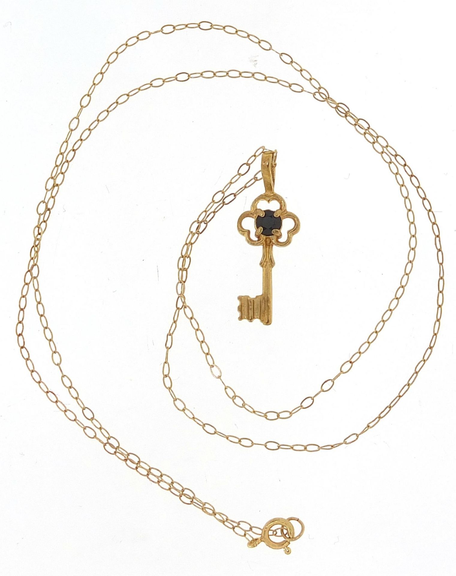 Unmarked gold sapphire key pendant, (tests as 9ct gold) on a 9ct gold necklace, 2cm high and 40cm in - Image 2 of 4