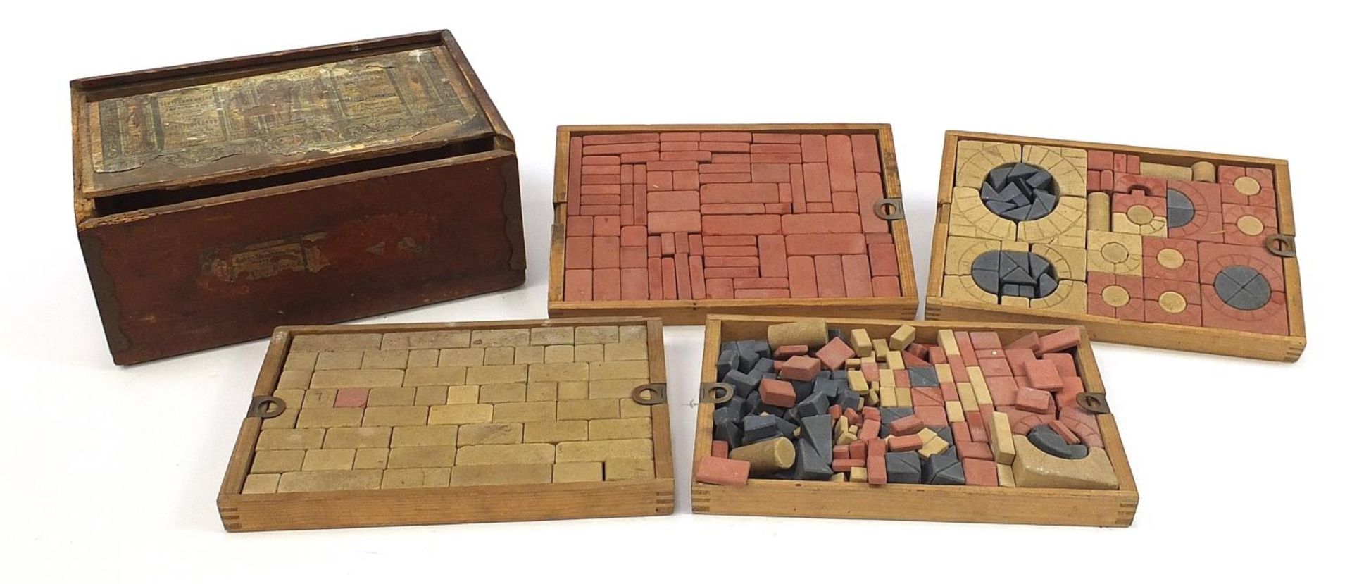 Set of German Richter stone architectural blocks with wooden case, the case 16.5cm H x 36cm W x 25cm