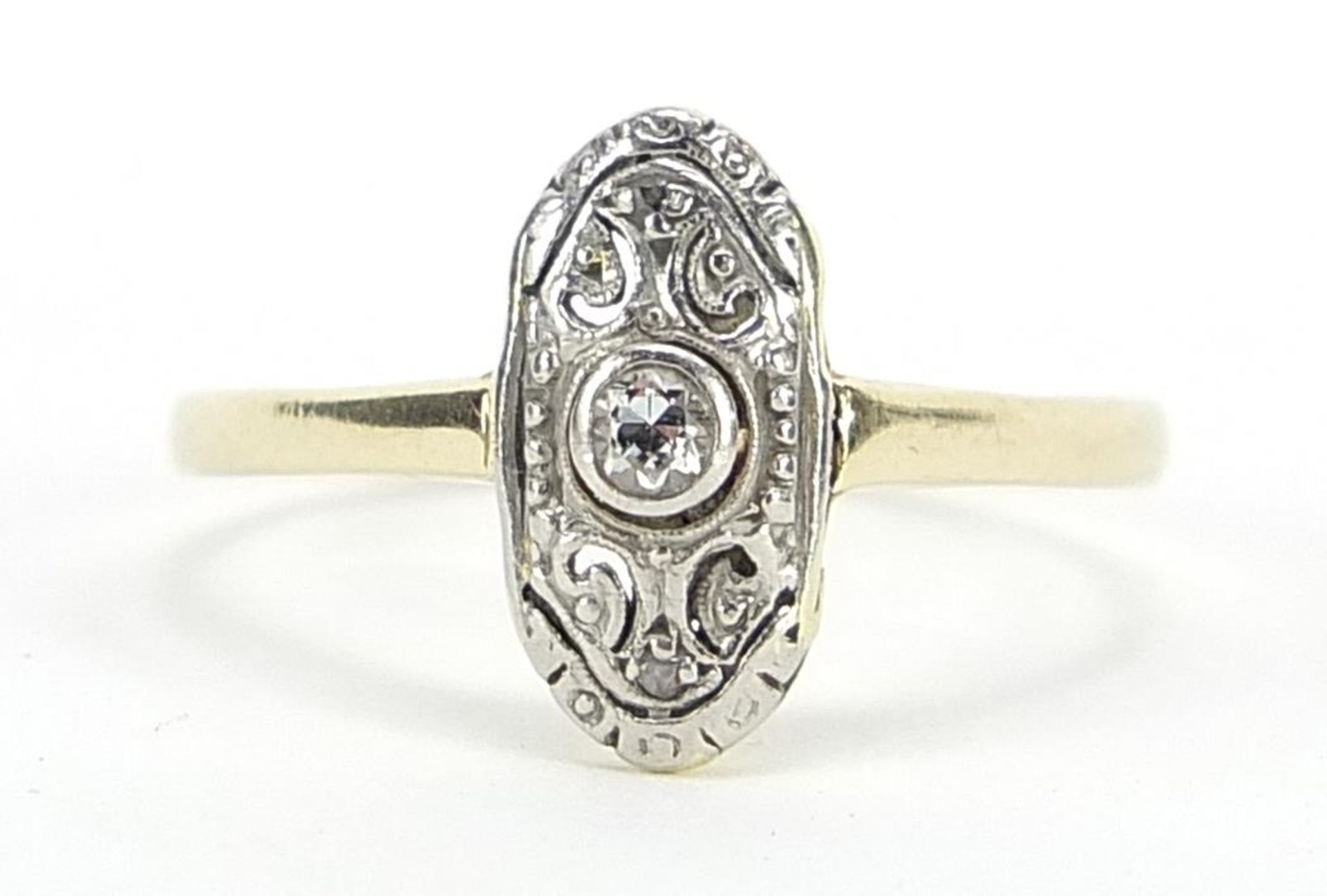 Art Deco 14ct gold and diamond ring, size N, 1.4g