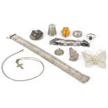 Silver jewellery including Siam niello work bracelet, filigree butterfly brooch, rings and a