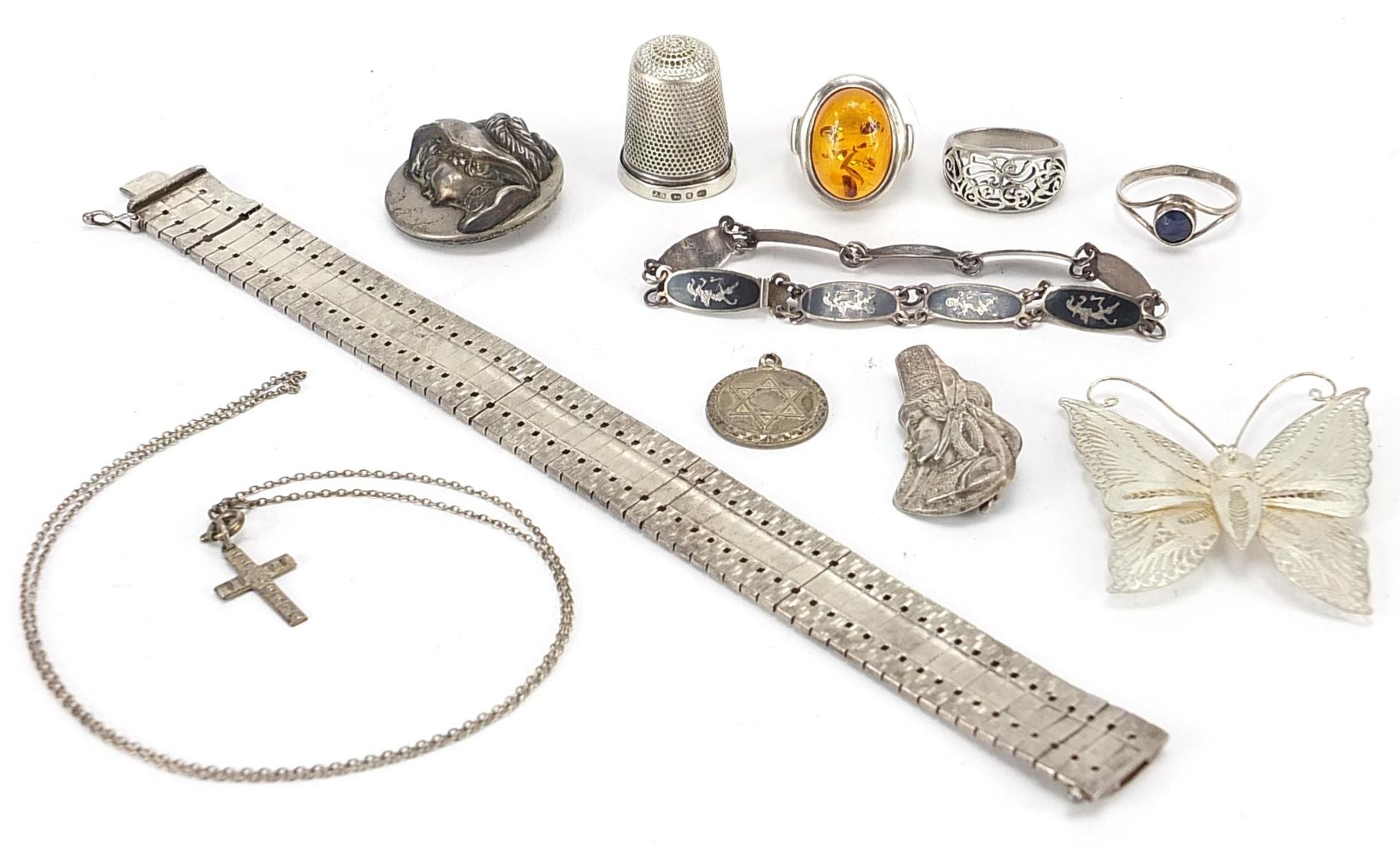 Silver jewellery including Siam niello work bracelet, filigree butterfly brooch, rings and a