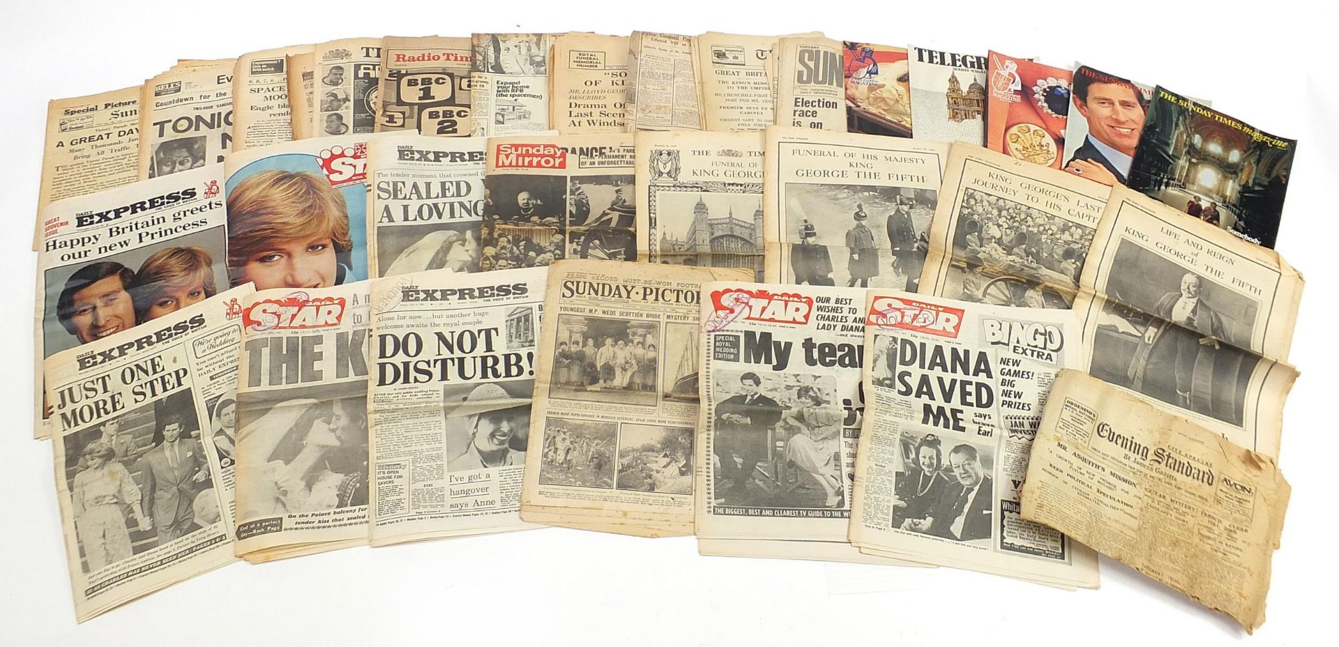 Group of vintage newspapers to include Diana's wedding, moon landing and King George V death