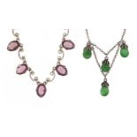 Two Sterling silver necklaces set with purple and green stones, 42cm and 40cm in length, 17.4g