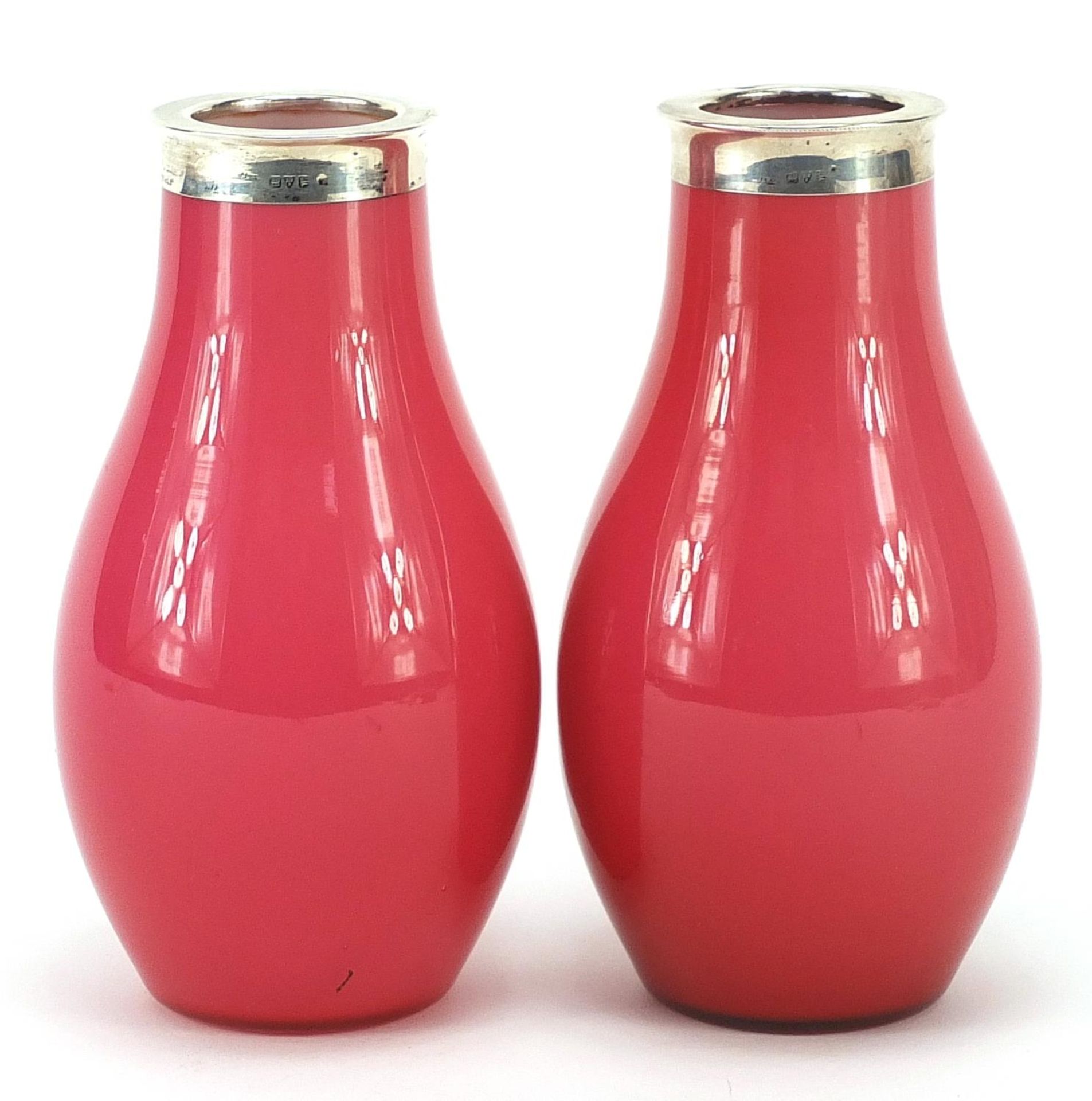 Pair of Edwardian pink and white cased glass vases with silver rims, J & R Griffin Limited Chester - Image 2 of 4