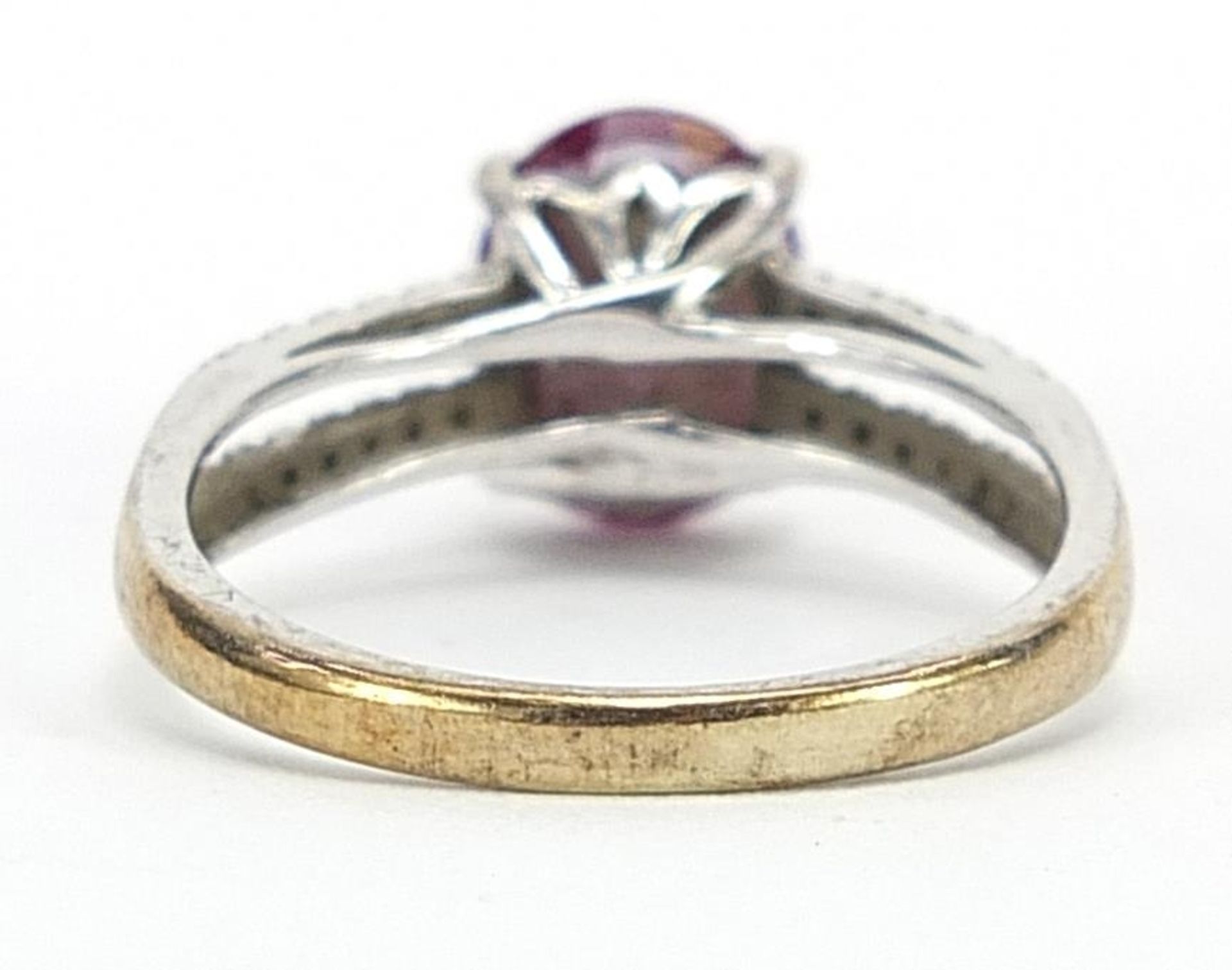 9ct white gold colour changing created Alexandrite ring with diamond set shoulders, stamped 0.10 to - Image 2 of 4