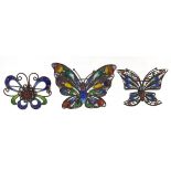 Three silver and enamel butterfly brooches, each marked S925, the largest 5.2cm wide, total 19.7g