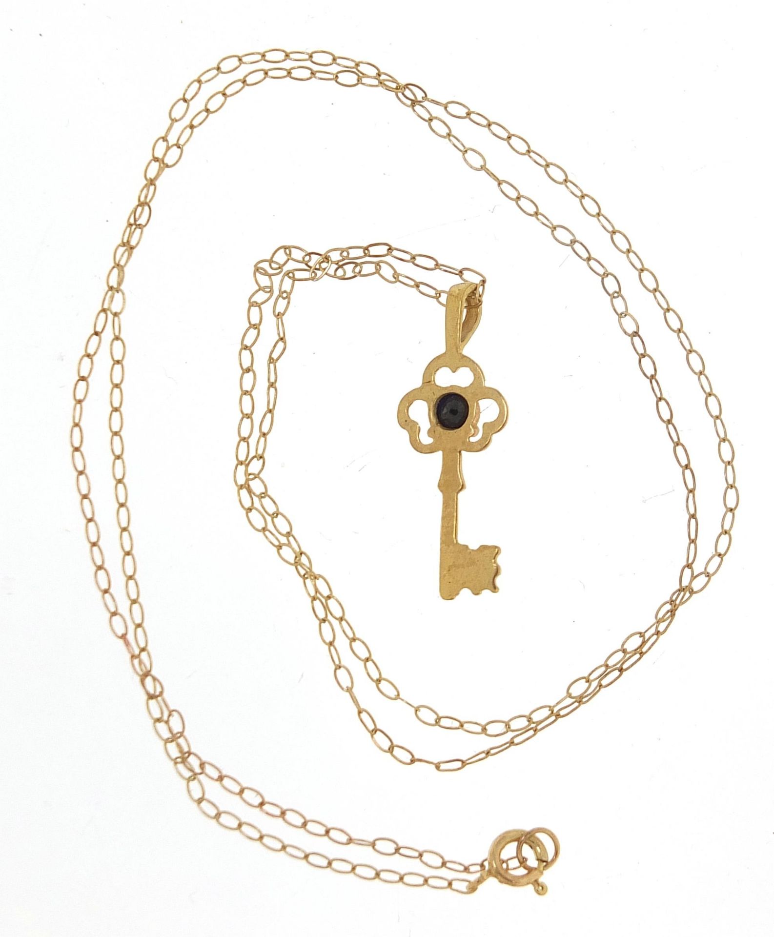 Unmarked gold sapphire key pendant, (tests as 9ct gold) on a 9ct gold necklace, 2cm high and 40cm in - Image 3 of 4