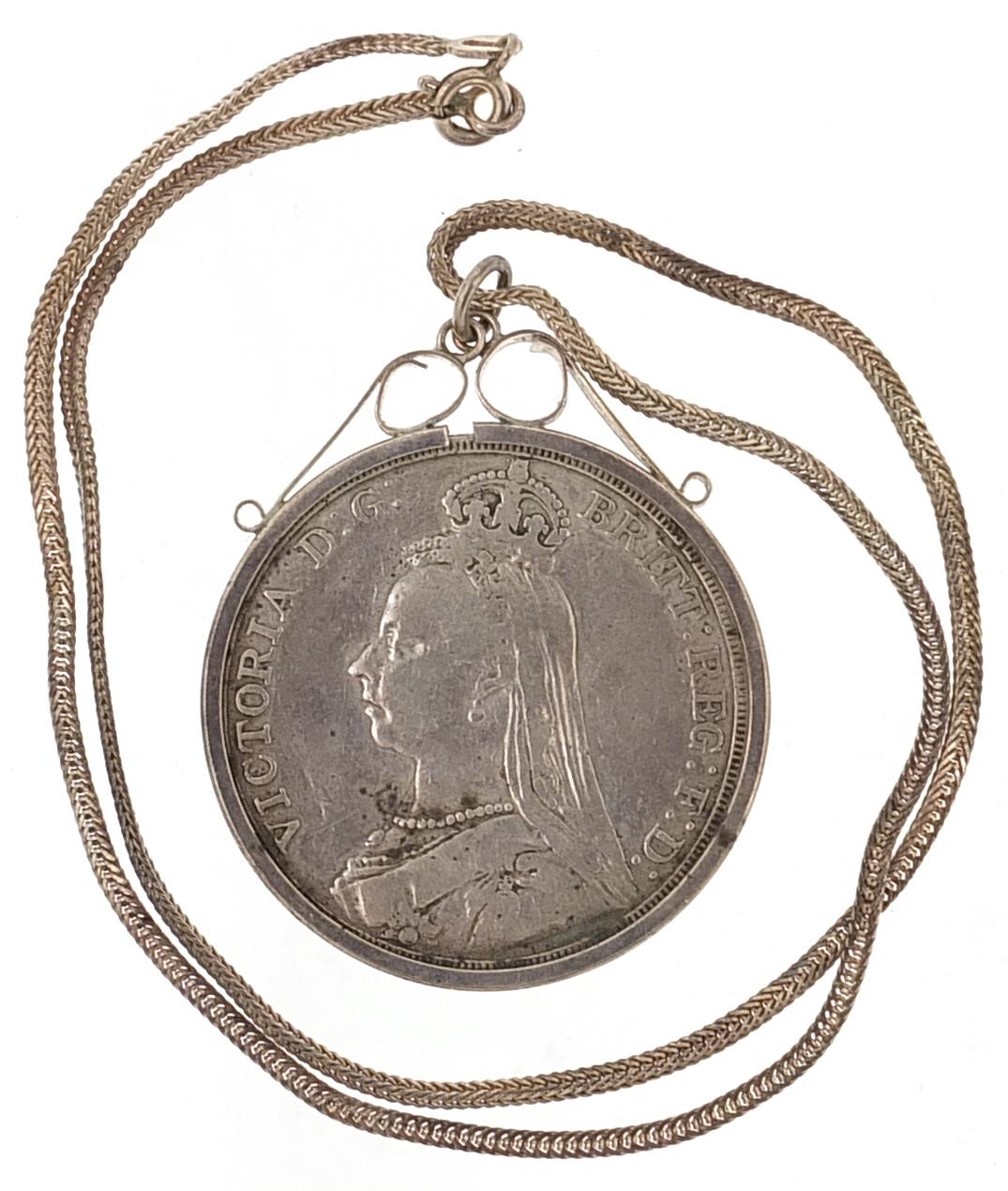 Queen Victoria 1889 silver crown with silver pendant mount on necklace, the necklace 42cm in length, - Image 2 of 3