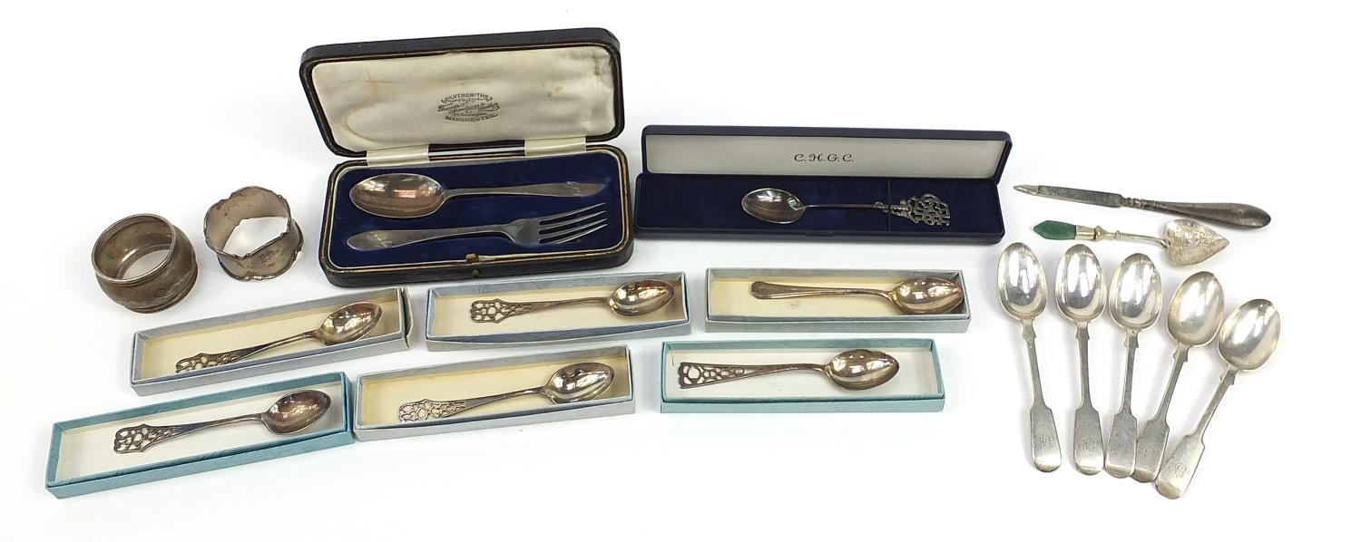 Victorian and later silver including two sets of five teaspoons, two napkin rings and christening