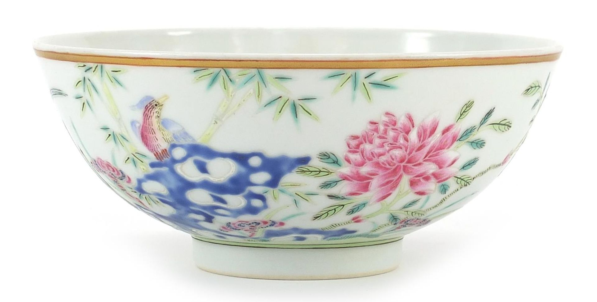 Chinese porcelain bowl hand painted with a bird of paradise amongst flowers, six figure character