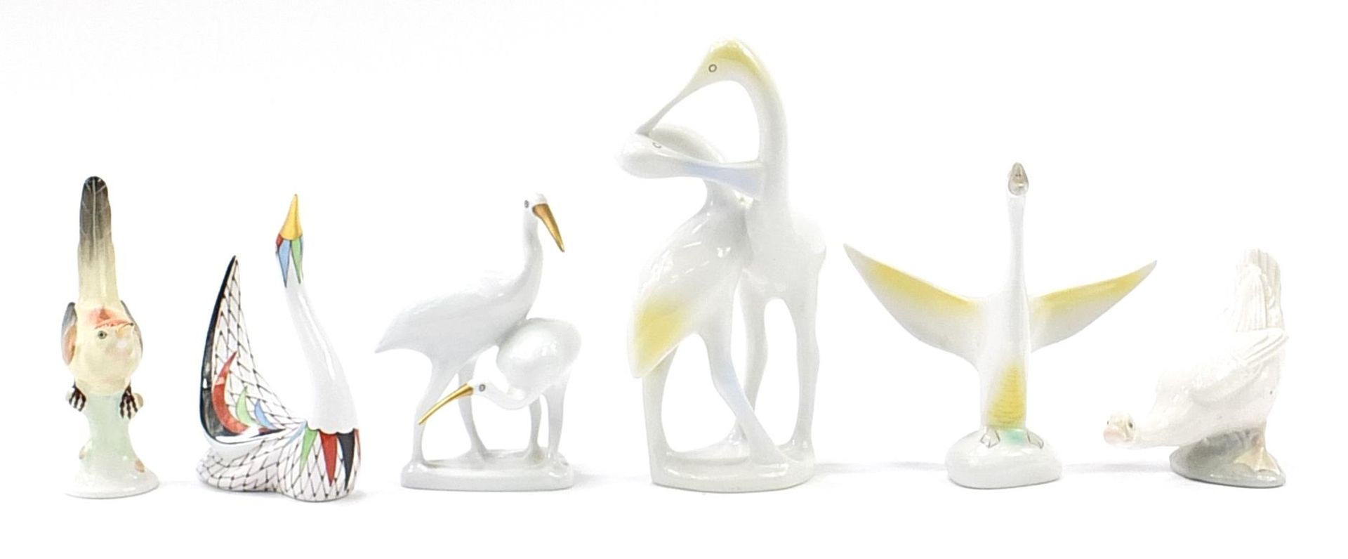 Hollohaza, Hungarian porcelain birds including a group of two, the largest 21.5cm high